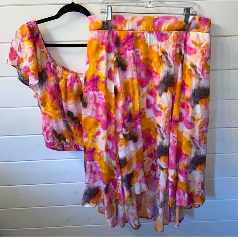 Multi Watercolor Tie-Dye Off Shoulder Skirt Set - Picture 2 of 13